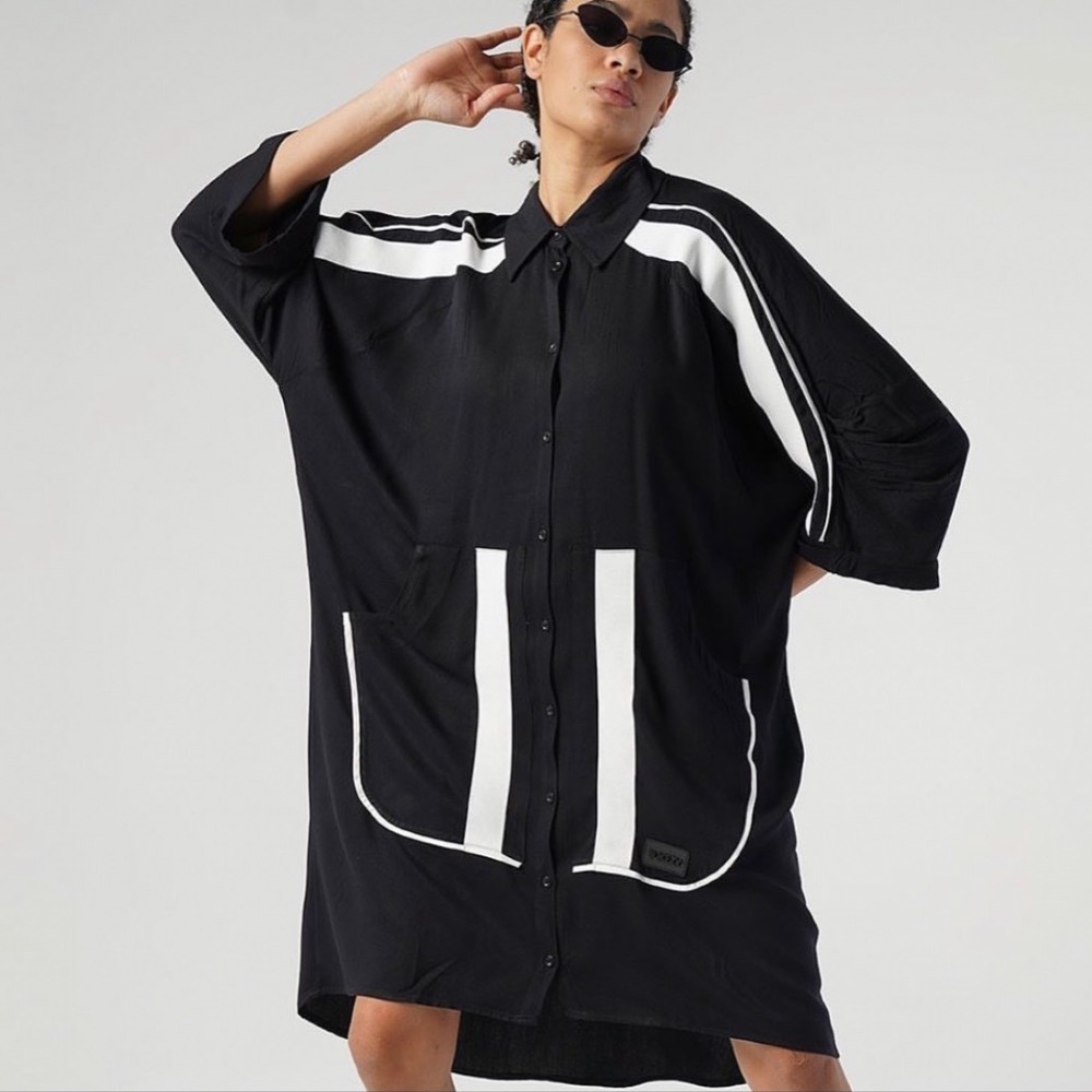 BUKEZY Pink Neon Trim Oversized Shirt Dress Tunic Button Down Streetwear - Picture 11 of 11
